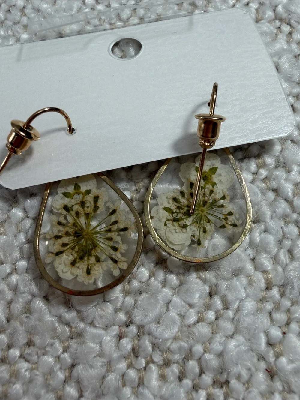 Stainless Steel White Floral Teardrop Earrings